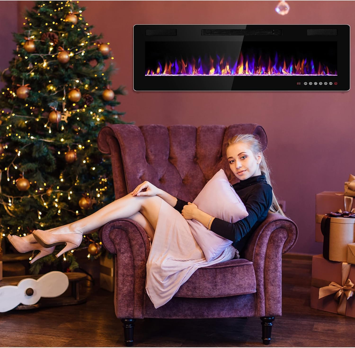 30 Inch Electric Fireplace Insert Ultra-Thin - Recessed & Wall-Mounted Fireplace Heater with Thermostat, Adjustable Flame, Remote Control - Linear with Timer, Touch Screen, 750/1500W