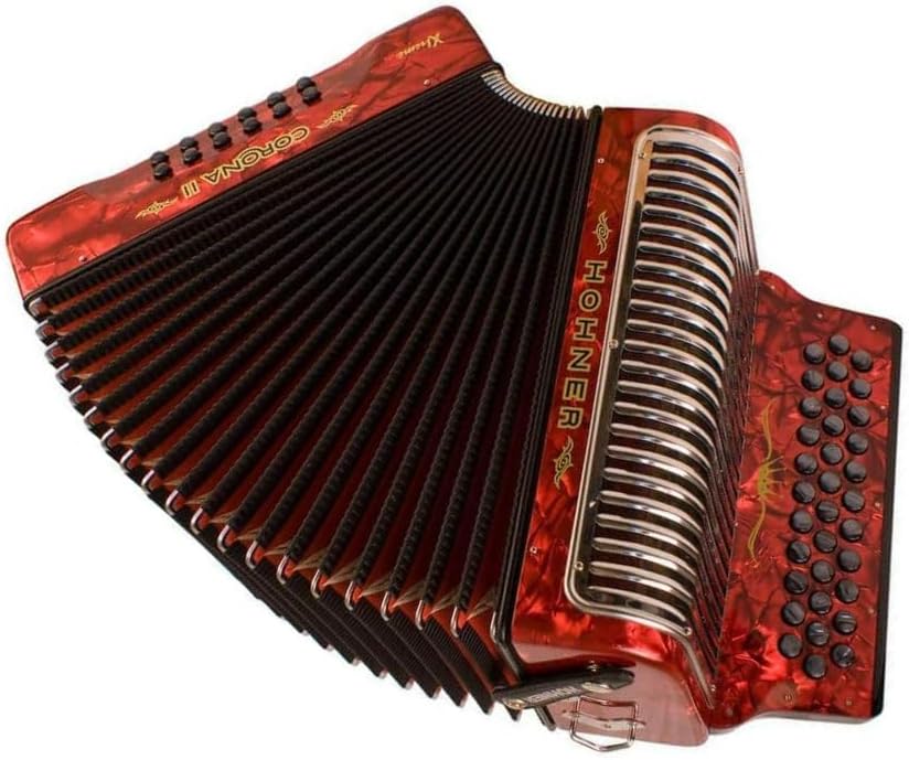 Hohner Corona Xtreme II 34 Pearloid, 31 Treble and 12 Standard Bass Buttons Bisonoric Accordion with Diatonic Class and 2 Voices MM (FBbEb Keys, Pearl Red)