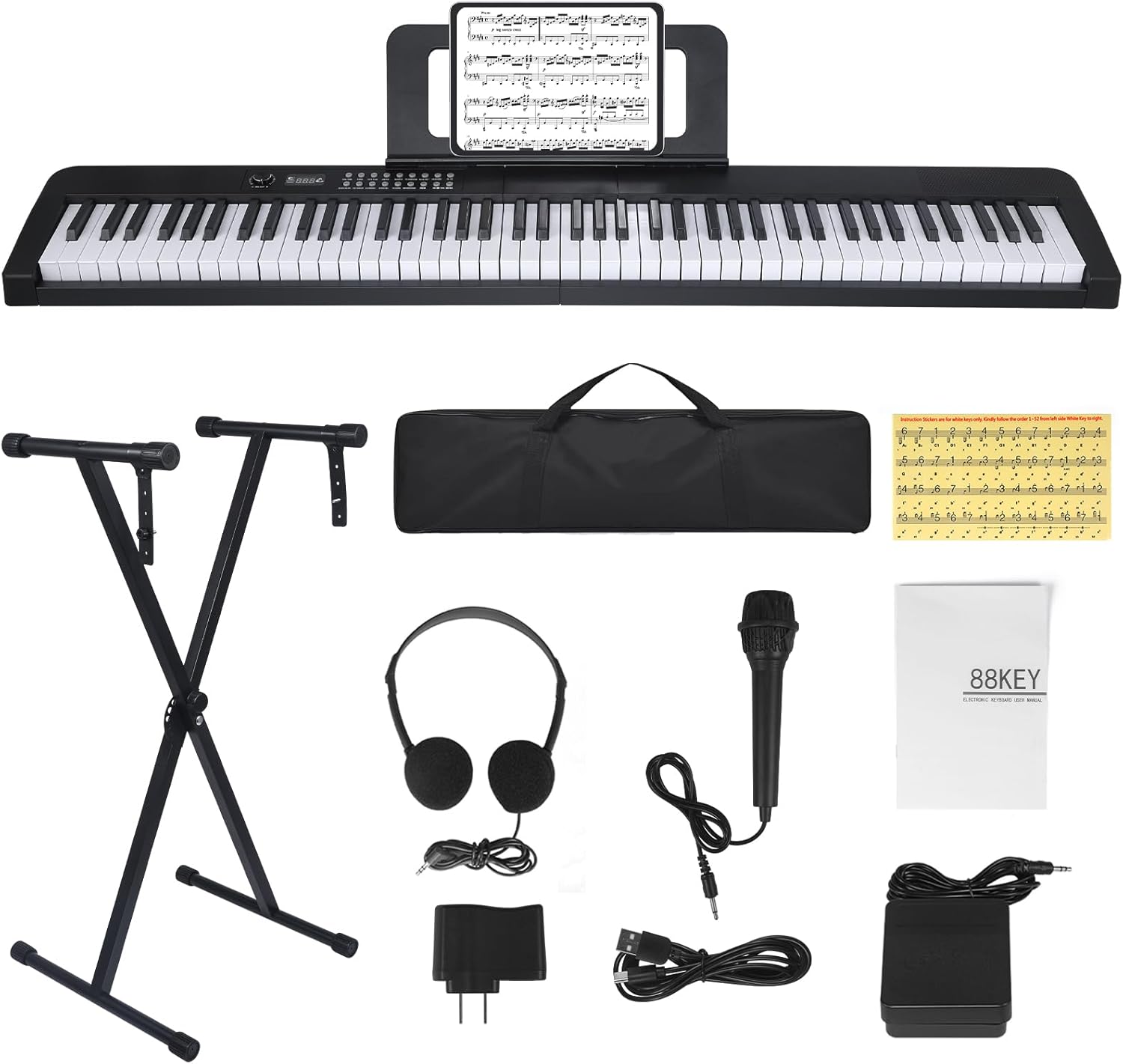 88 Key Piano Keyboard, Electric Digital Piano with Semi Weighted Keys, Keyboard Piano with Sustain Pedal, Power Supply, Stand, Carrying Case, Headphones, USB-MIDI Compatibility, for Beginner Adults