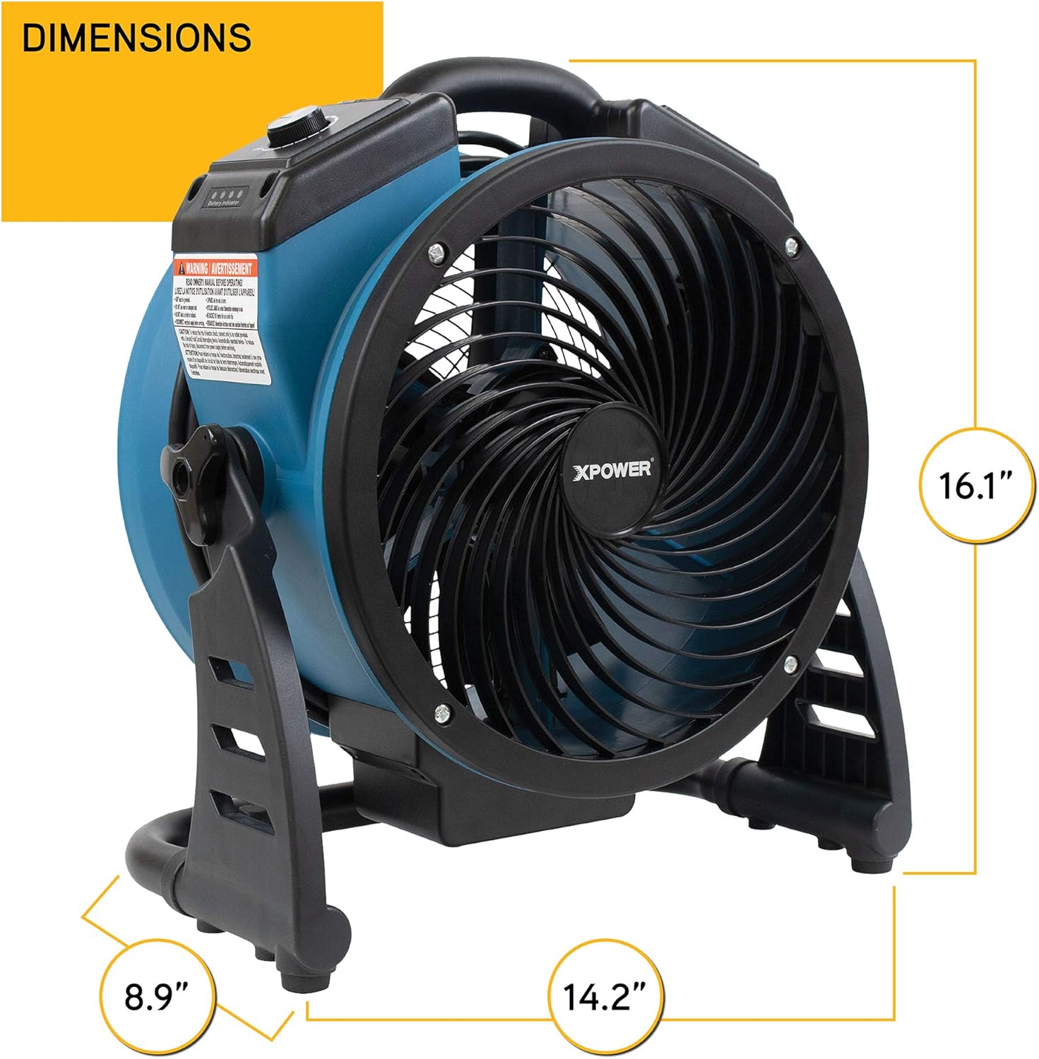 XPOWER FC-150B Portable High Velocity AC/DC Dual Power Operated Portable Rechargeable Battery 18,200mAh Utility Fan, Extended Air Flow, 1000 CFM