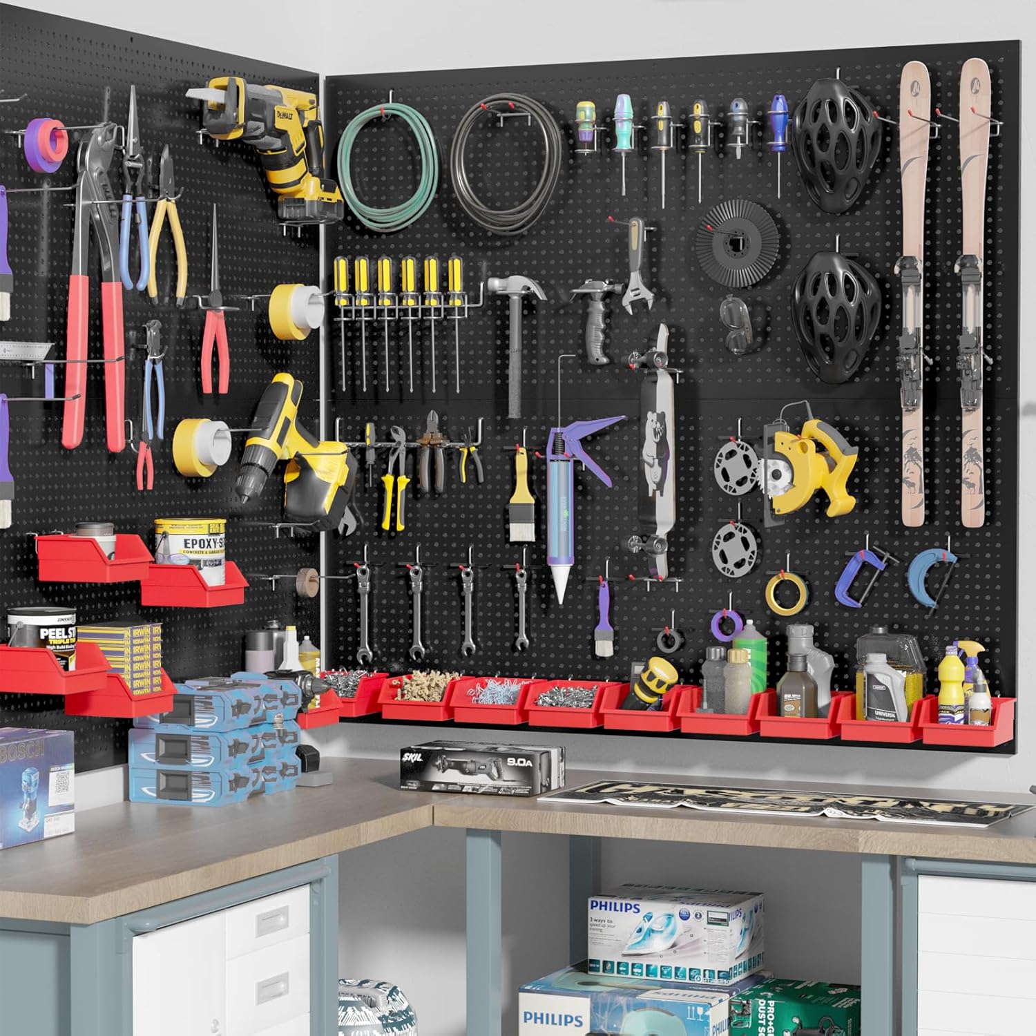 Peg Board kit with Accessories, Heavy Duty Steel Pegboard Kit with 180 PCS Varied Pegboard Accessories, Ideal for Tool Storage and Garage Organization, 16-Inch X 36-Inch, 2 Pack (Red Box)