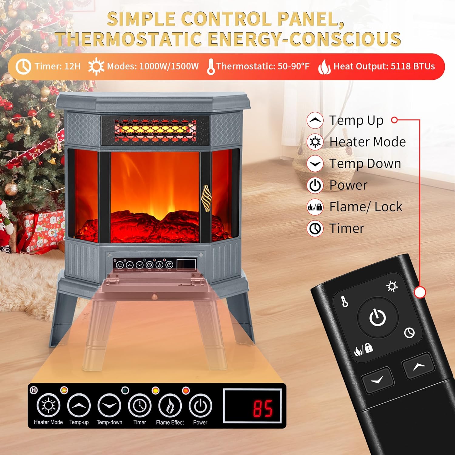 RealSmart Electric Fireplace Heater 22 in Freestanding Fireplace Stove Infrared Fireplace with 3D Flame Effect Remoted Control, Timer, Overheating Protection (Gray)