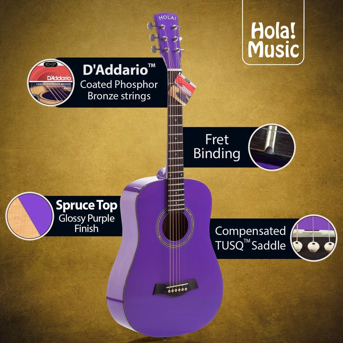 Hola! Music 3/4 Size Acoustic Guitar Bundle for Beginners, 6 String Beginner Solid Spruce Top Acoustic Guitar With Rosewood FIngerboard, 36 inch, Purple
