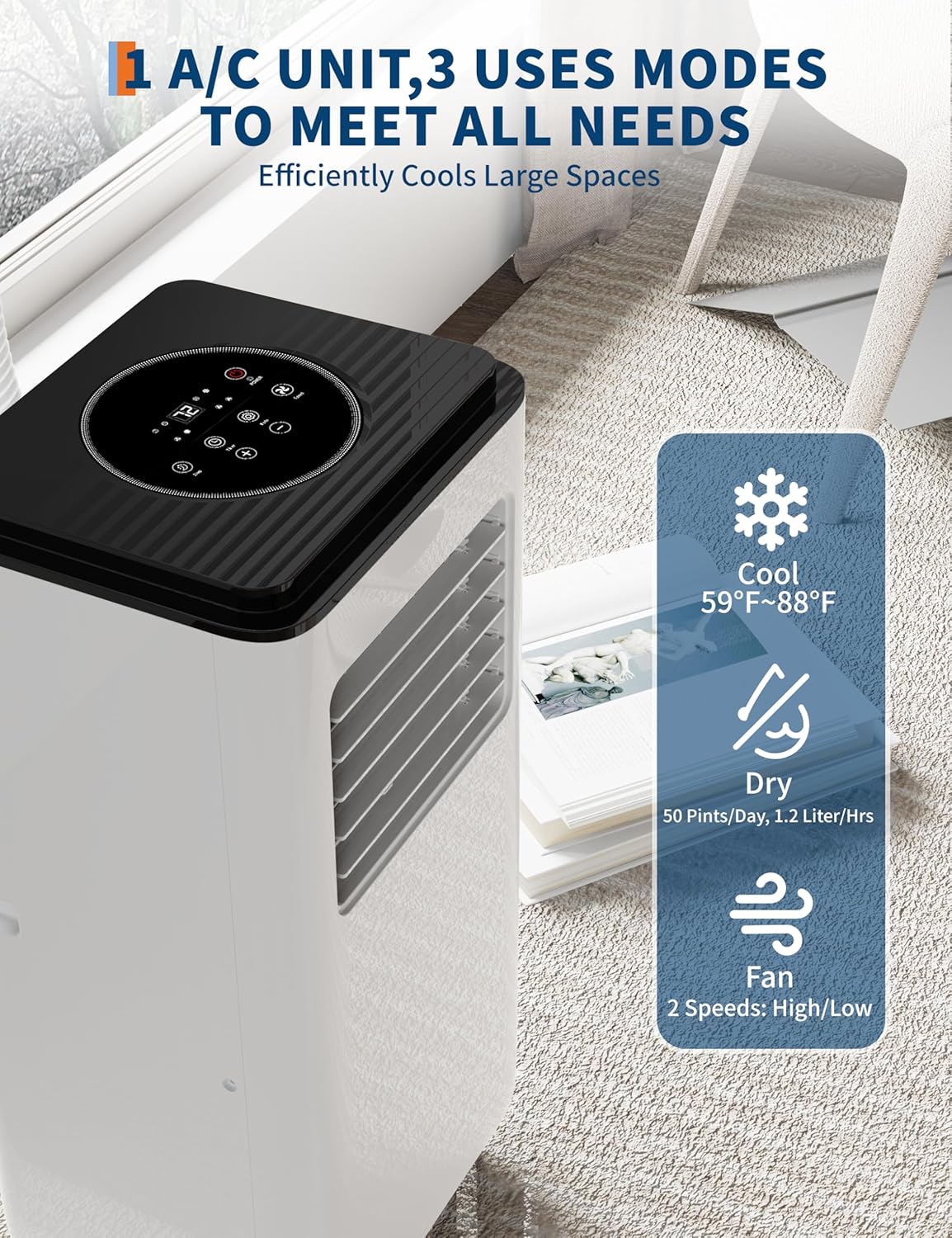80000 BTUs (ASHRAE) / 5000 BTUs (SACC) Portable Air Conditioner – Ultra-Quiet Room AC with Cooling, 39 Pints/Day Dehumidification, 2-Speed Fan, Remote Control, Timer, for Rooms Up to 350 Sq.Ft.