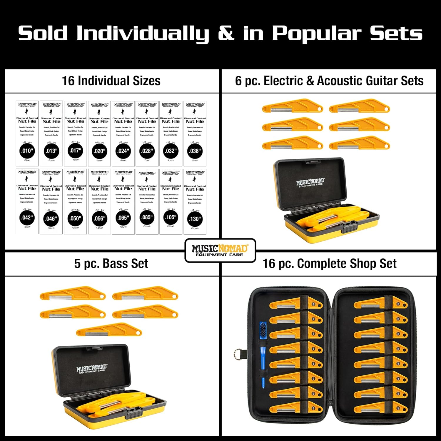 MusicNomad 6 pc. Acoustic Guitar Diamond Coated Nut File Set - Light/Medium Strings (MN670)