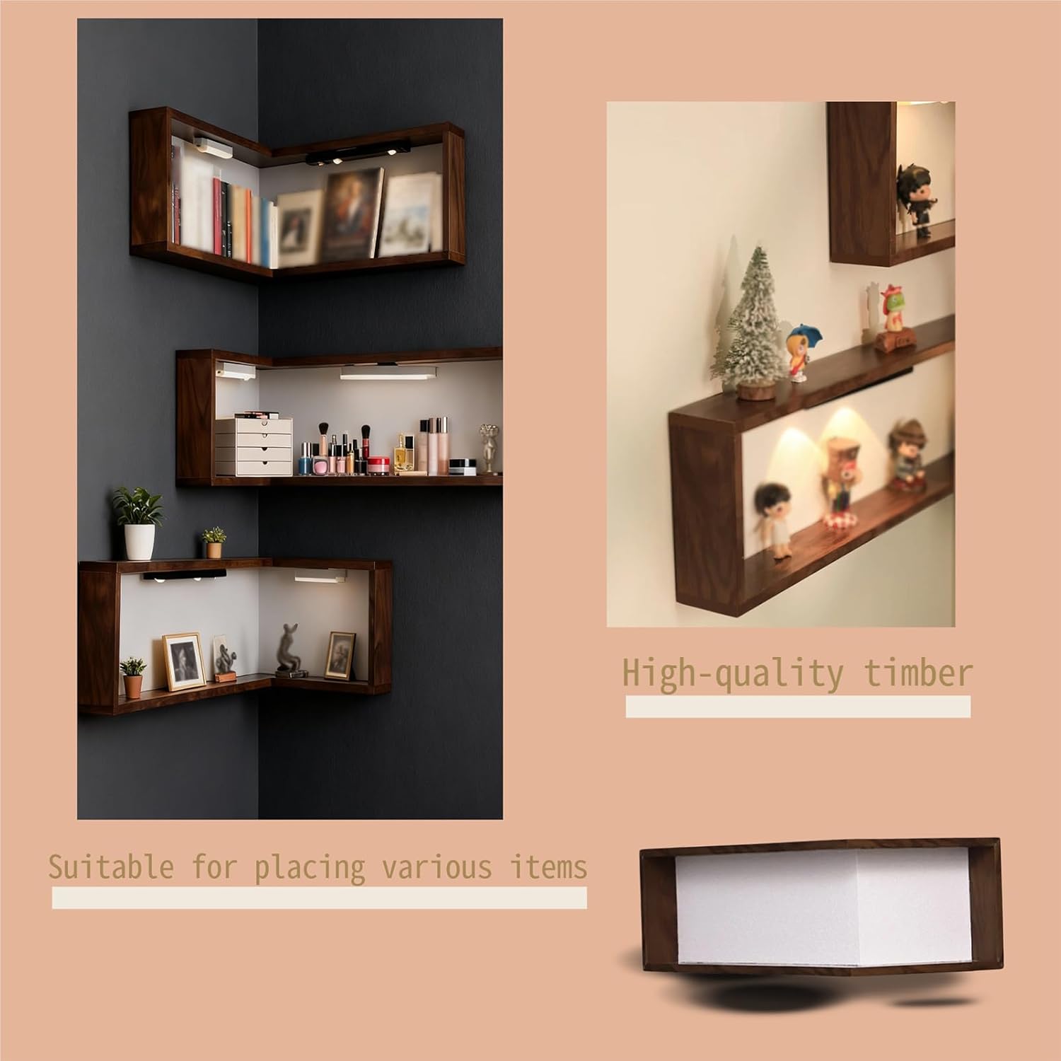 Amacthysh Corner Shelves L-Shaped Wall-Mounted Corner Shelf Display Rack Wood Color Corner Floating Storage Shelves for Books Decor Plants,3pcs