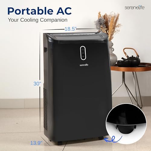 SereneLife 12000 BTU Portable Air Conditioner - 3-in-1 Compact Standing Air Conditioner for Room Up to 380 Sq. Ft. - Floor AC Unit with Remote Control - Universal Casters, Window Mount Kit