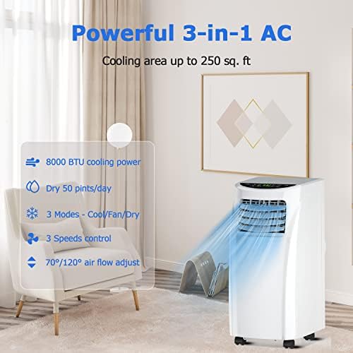 ARLIME Portable Air Conditioner 8000 BTU, 3-in-1 AC Units for Rooms with Fan & Dehumidifier Cools up to 250 sq. ft, Energy Saving Single Room AC with 2 Fan Speeds, Auto Swing, 24H Timer, Full-Function LED Remote Control, Side Handles & Wheels