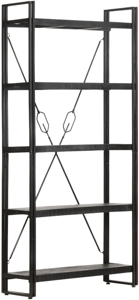 Black Industrial Bookcase, Solid Rough Mango Wood, Powder-Coated Steel Frame, 5-Tier Display Shelf, 11.8x35.4x71 Inch, Living Room Storage Office Furniture