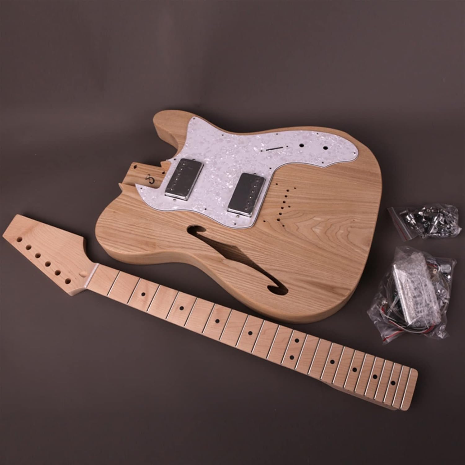 FLFL DIY Electric Guitar Kit Semi-Hollow Body with F Holes Maple Neck 22 Frets Truss Rod Adjust Unfinished Guitar Kit