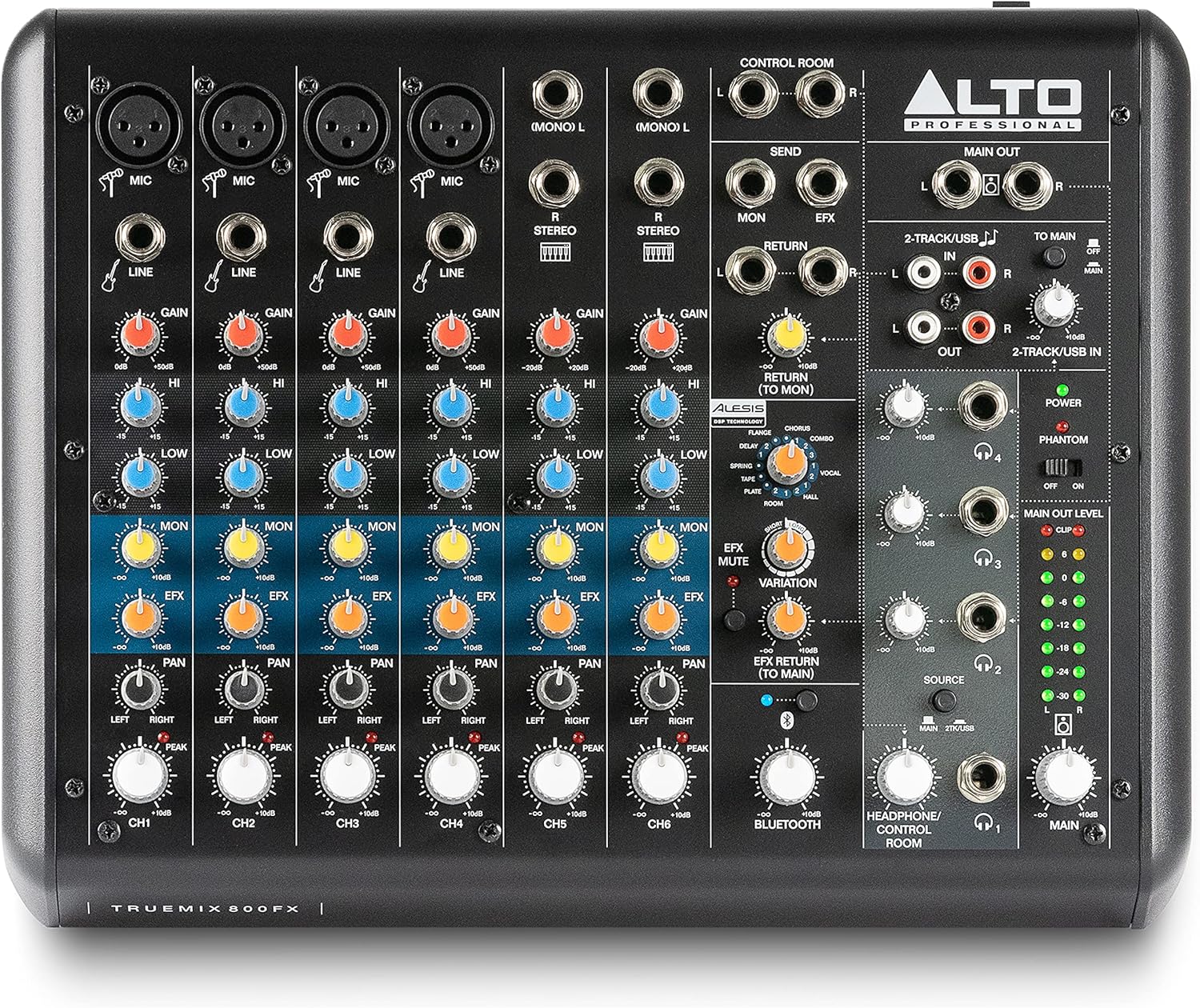 ALTO TrueMix 800FX audio Mixer with 4 XLR Mic Ins, USB Audio Interface and Bluetooth for Podcasting, Live Performance, Recording, DJ, Mac and PC