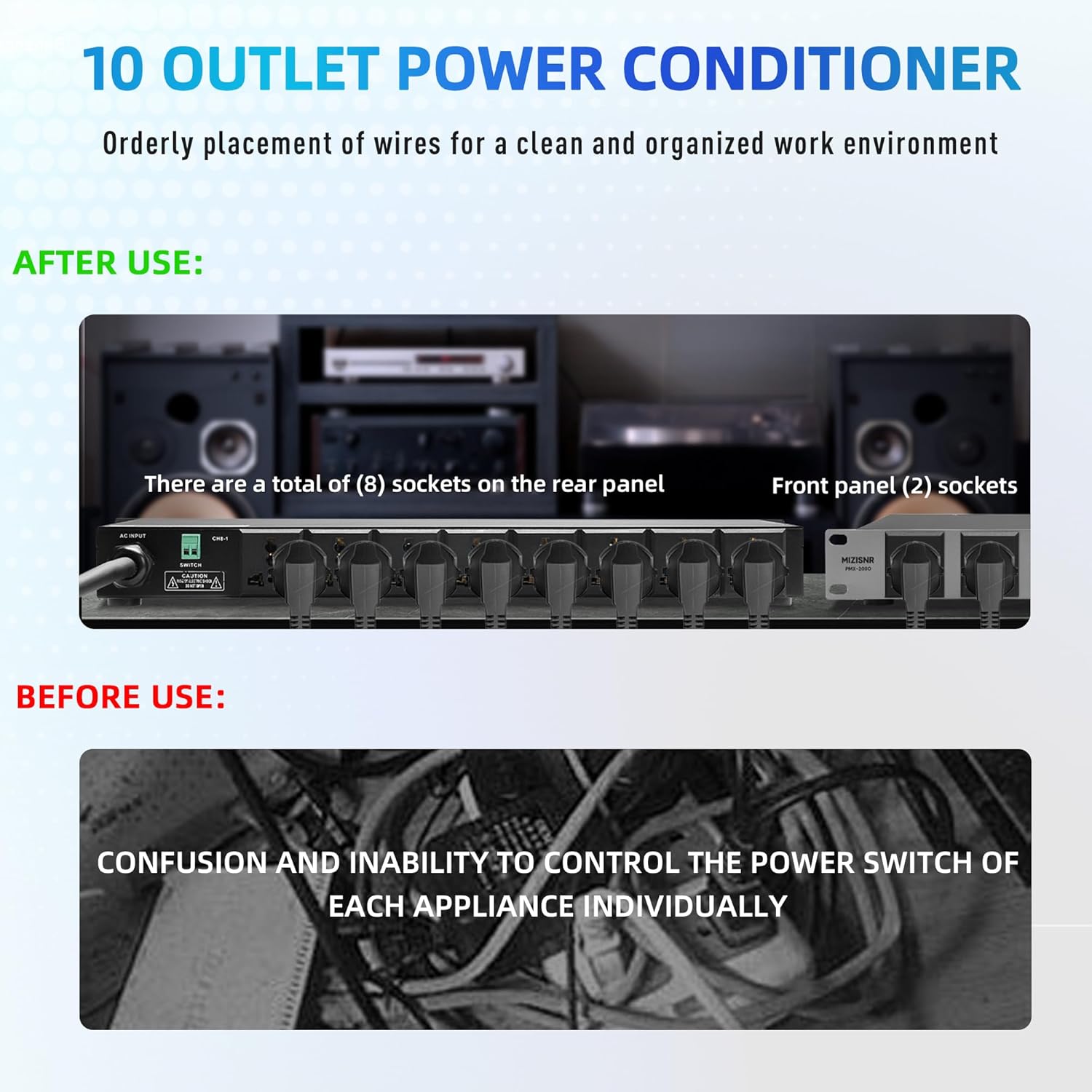 Power Conditioner, 20 Amps 10 Outlet Rack Mount Power Sequencer for Audio Equipment, 2000w Power Supply with 8 Independent Switches, 2P Surge Protector, External Switch, Voltage Display