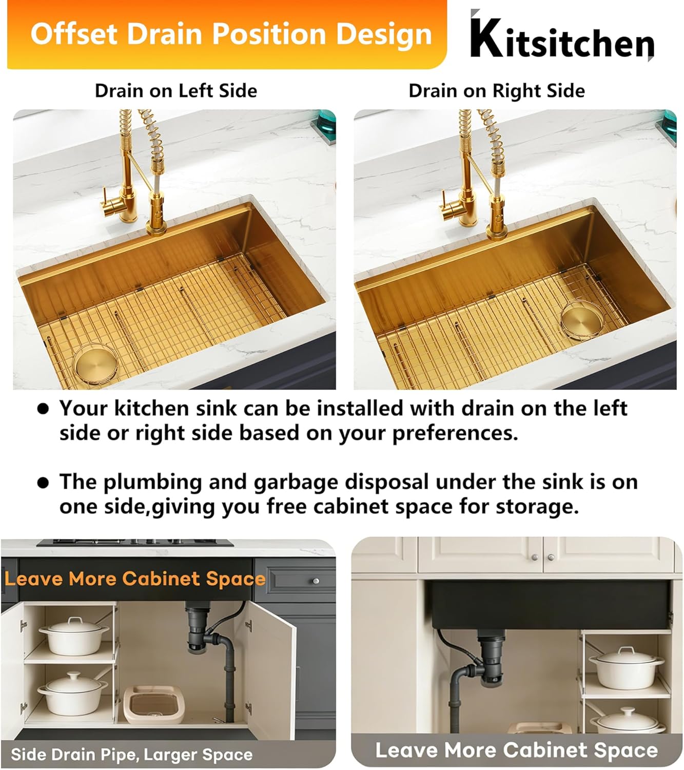 Kitsitchen 30 Inch Gold Undermount Kitchen Sink,16 Gauge Stainless Steel Under Counter Single Bowl Kitchen Sink,10 Inch Deep Workstation Sinks with Abundant Accessories & Offset Drain(30