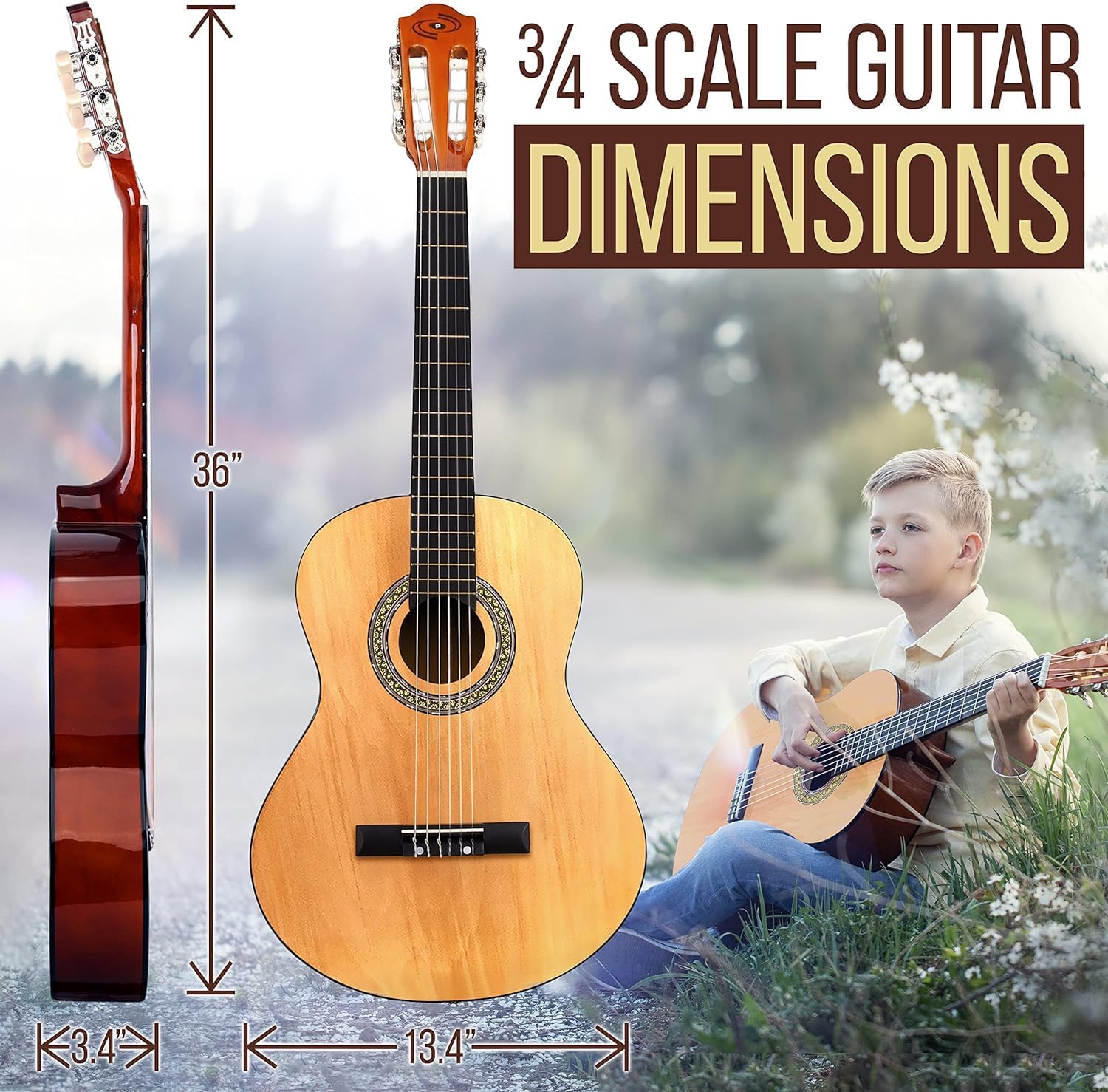 Pyle Left Handed Classical Acoustic Guitar Kit, 3/4 Junior Size All Wood Instrument for Beginner Kids, Adults, 36