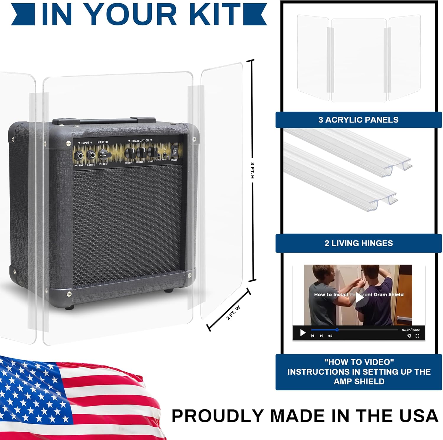 PENNZONI Amp Shield, Amp Acrylic Shield, Guitar Amp Shield, Clear Acrylic Panel Amp Shield with Plastic Hinges (3 Panels, 3ft x 6ft)