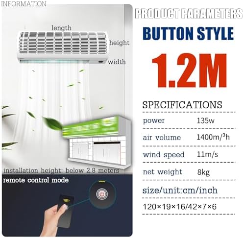 Air Curtain,Commercial Silent Door Air Curtain Machine, Energy-Saving Remote Control Black, Available in 1.5/1.8/2 Meters(1.2m)