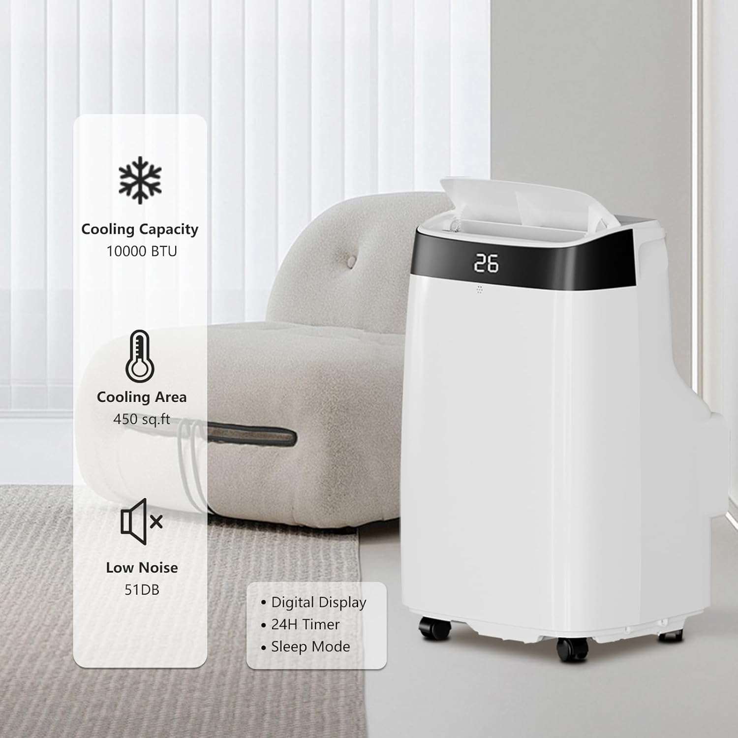 Portable Air Conditioner 10000 BTU ASHRAE / 6000 BTU SACC, 3-in-1 AC Unit with Dehumidifier & Fan, Sleep Mode, Auto Swing, 64-90℉ Temp Control, Quiet Operation for Room, Easy Installation