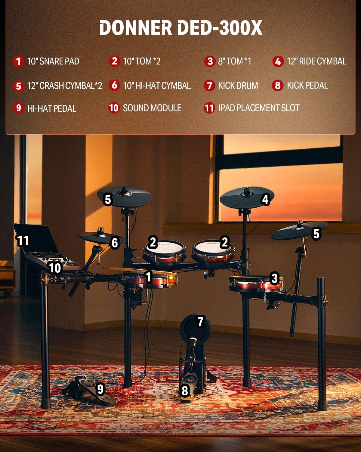Donner Mini Electric Drum Amp 20W, Wireless Electronic Drum Amplifier Keyboard Speaker DDA-20 & DED-300X Electronic Drum Set, Electric Drum Kit with 10