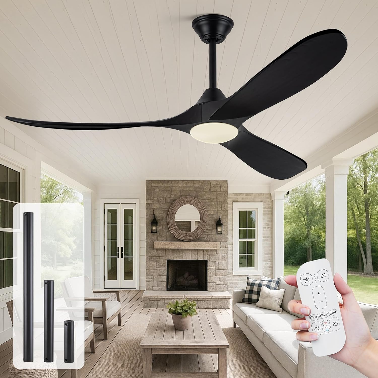 Savey'Sley 60 Inch Outdoor Ceiling Fan with Light, for Patio and Covered Porch - Quiet Energy Efficient DC Motor, 3 Black Wood Blades Rustic Farmhouse Style, Dimmable for Indoor Living Room, Bedroom