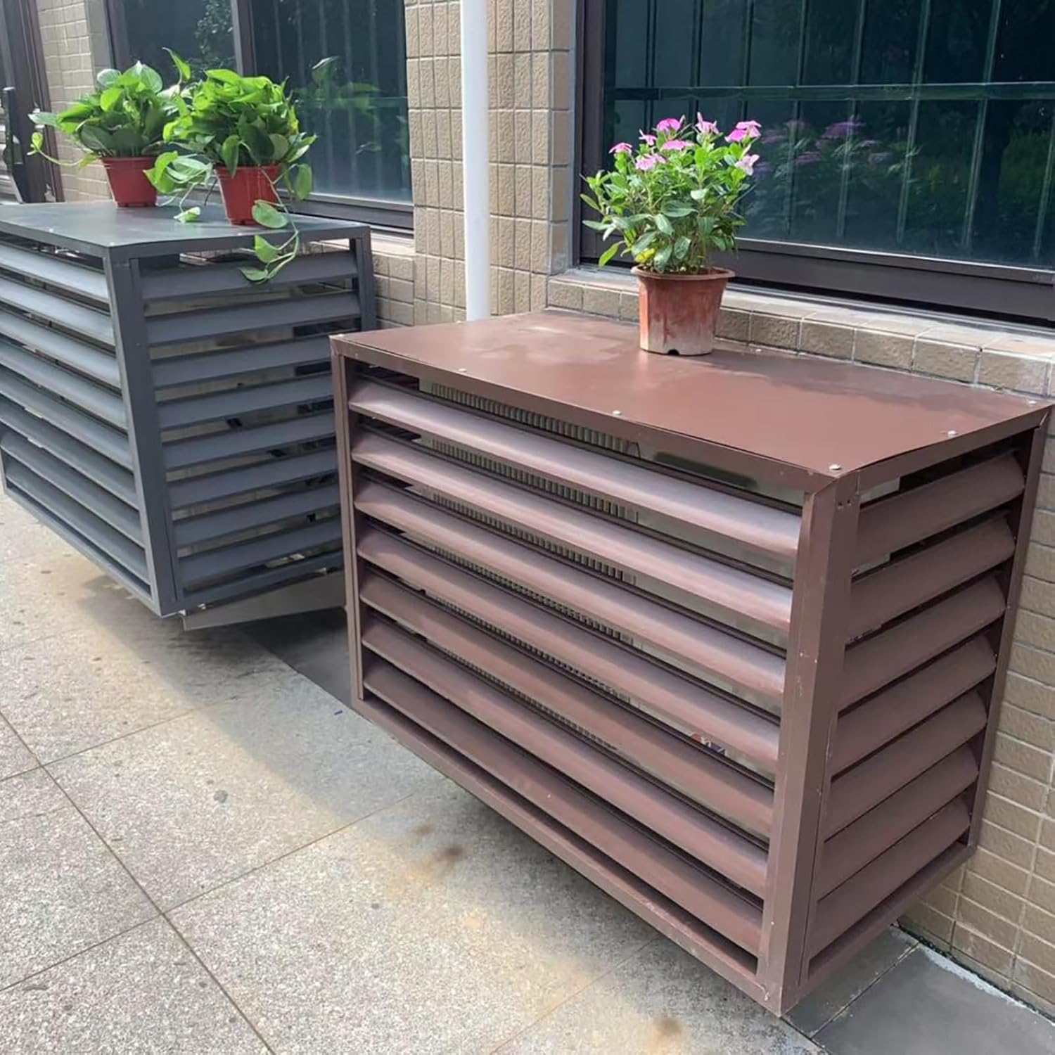 Outdoor Aluminum Air Conditioner Cover, Freestanding Privacy Screen Fence Panels Trash Can Enclosure, Condenser Protective Cover AC Unit Cover Pool Equipment Enclosure Flower Stand ( Color : Brown ,