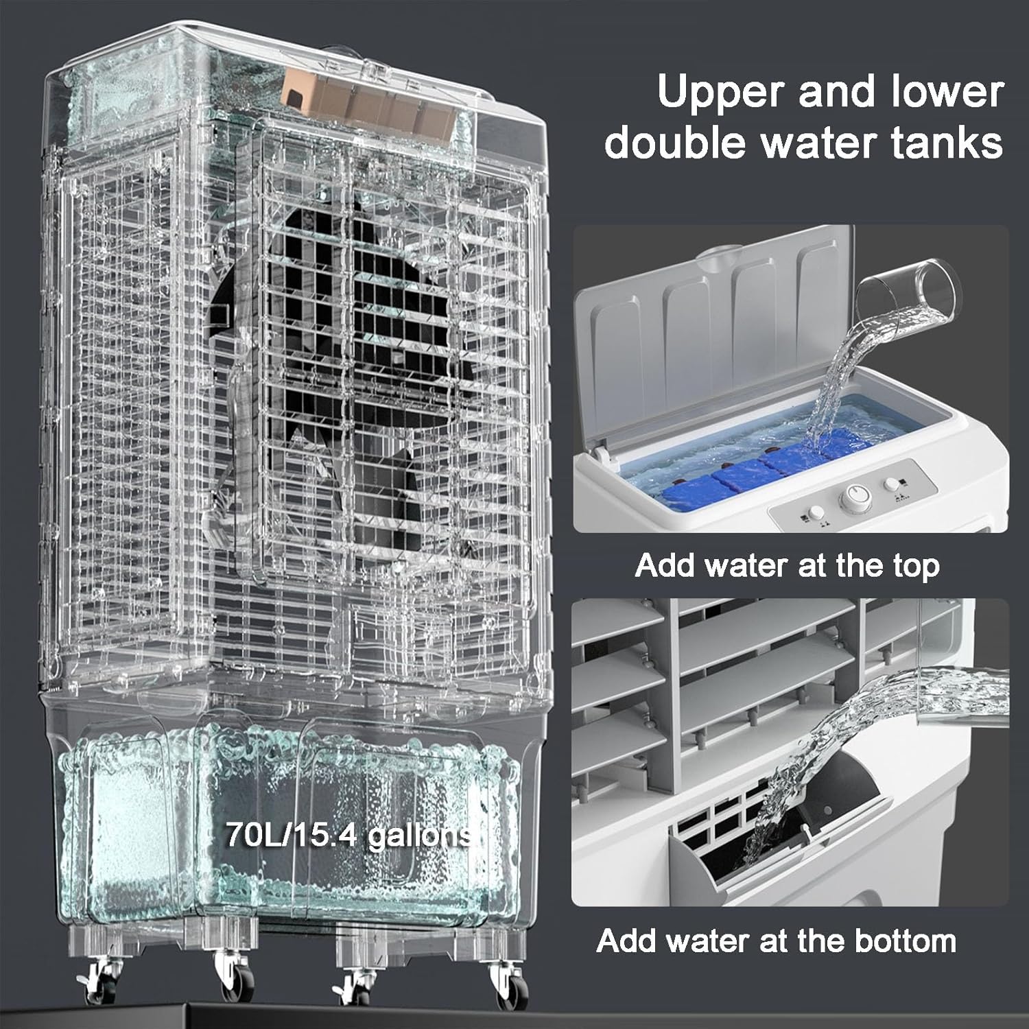 Knob Evaporative Air Cooler, Swamp Cooler Air Conditioner, Portable Ac with 2 Modes, 3 Wind Speeds, 15.4 Gal Tank for Room Garage Patio