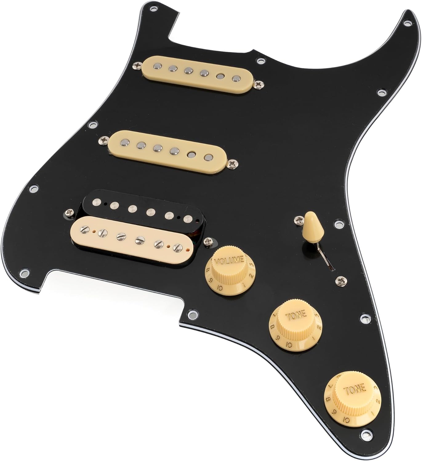 Musiclily Pro-SE ST-HSS-60SE Pre-wired Pickguard with Alnico 5 Pickups 5-Way Switch for Strat Style Electric Guitar, 3Ply Black with Zebra Bridge Pickup