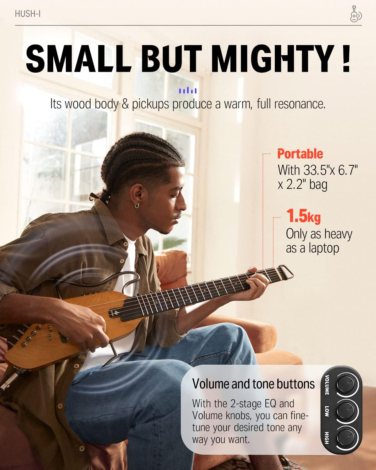 Portable Ultra-Light and Quiet Performance Headless Acoustic-Electric Guitar and Mini Electric Guitar Amp Wooden 3W Small Guitar Amplifier