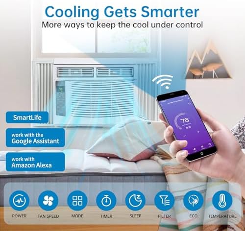 6000 BTU Window Air Conditioner with WiFi, Smart Window AC Unit with Remote & App Control & Timer Function & Easy Install Kit, for Rooms Up to 350 Square Feet, 115V/60Hz, White