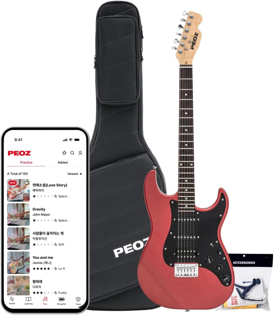 PEOZ Electric Guitar, Smart Digital Guitar with 35 Sound Effects, Built-in Tuner, USB Interface, 5W Speaker, Red (Deep Red)
