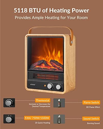 Shinic Electric Fireplace Heaters for Indoor Use,1500W Space Heater with Crackling Sound & 3D Realistic Flame, Safety Protection, Portable Fireplace Heater for Home Office Christmas Decoration, Oak
