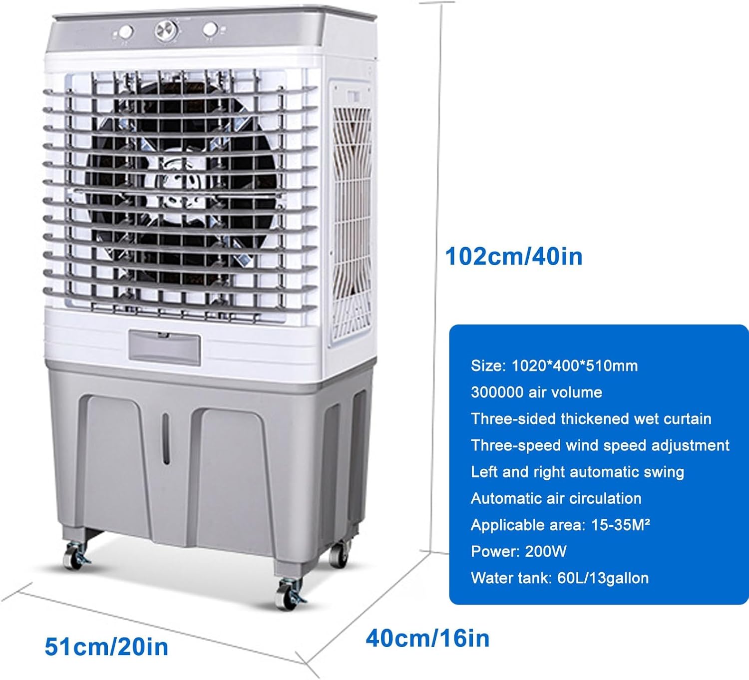 Portable Air Conditioners, 3800 CFM Swamp Cooler with 13 Gal Water Tank, 3-Speed Fan, Evaporative Air Cooler with 4 Ice Packs for Outdoor, Office, Home