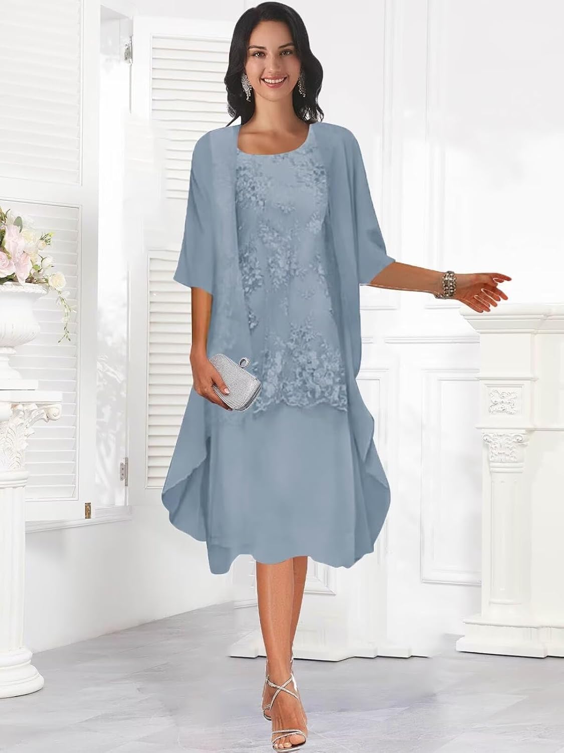 POMUYOO 2 Piece Short Mother of The Bride Dresses for Wedding Tea Length Lace Formal Evening Dress with Jacket