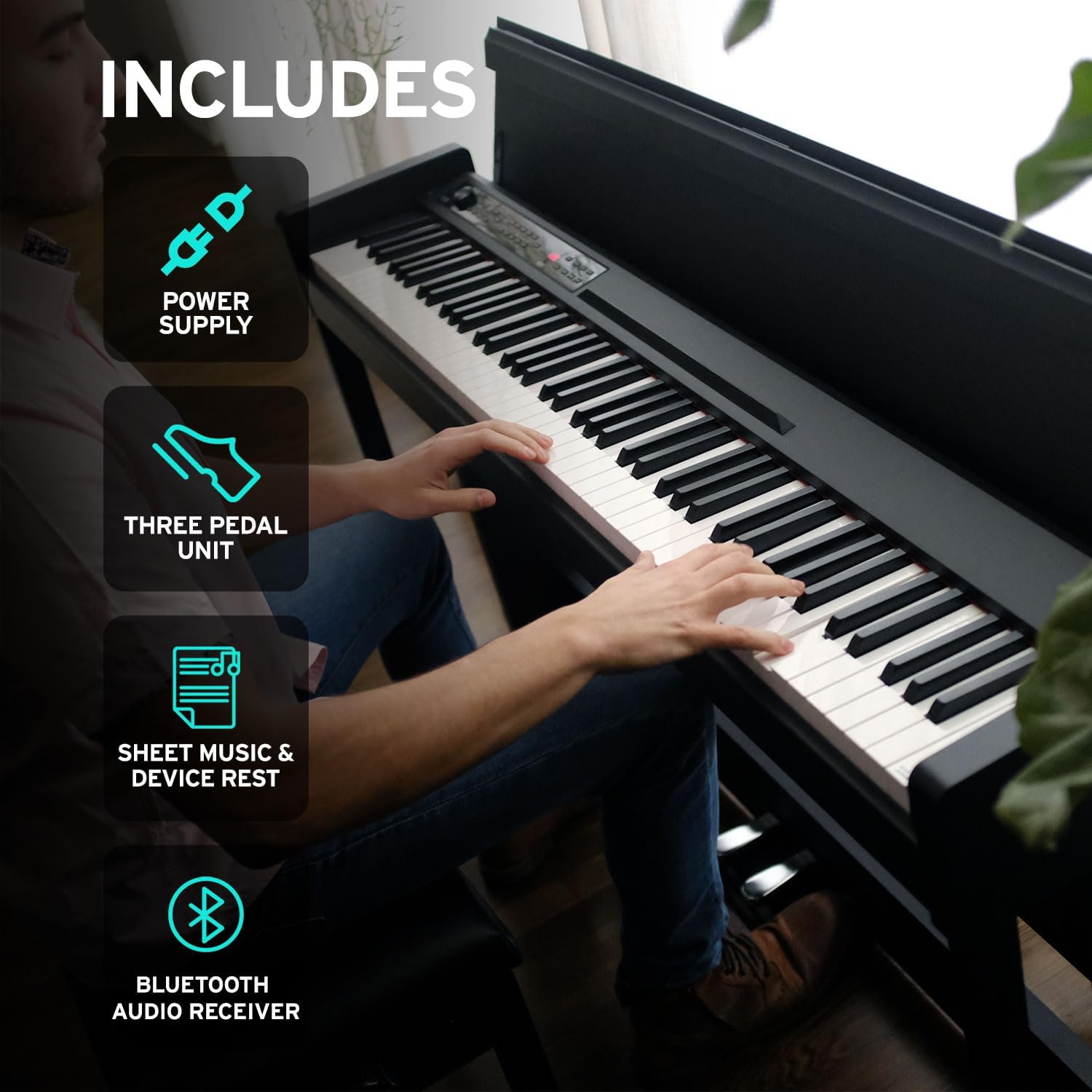Korg C1 Air Bluetooth 88 Key Digital Piano with Real Weighted Hammer Action 3 Keyboard, Black with Rosewood Grain