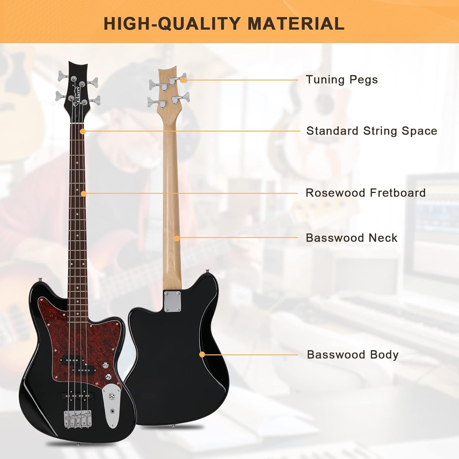 GLARRY 4 String Electric Bass Guitar Beginner Kit w/20w Amp, Red Pearl Guard Full Size Bass with Digital Tuner,Amp Cable, Strap, Bag and Accessories(Black)