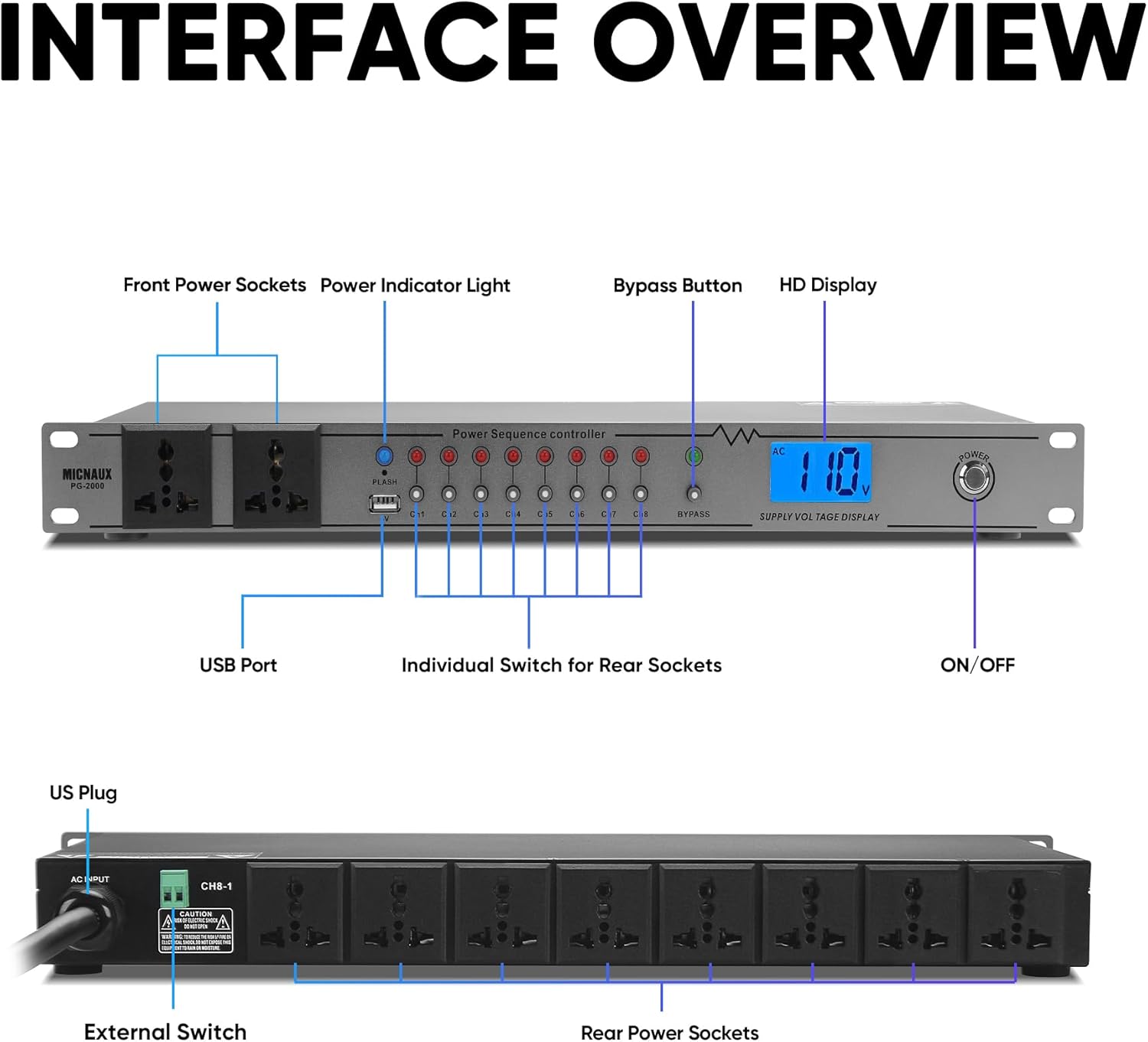 Rack Mount Power Conditioner 20A Sequencer for Audio Equipment, 10 Outlets 2000W Power Supply with 8 Independent Controls, Surge Protector, Voltage Display, External Switch