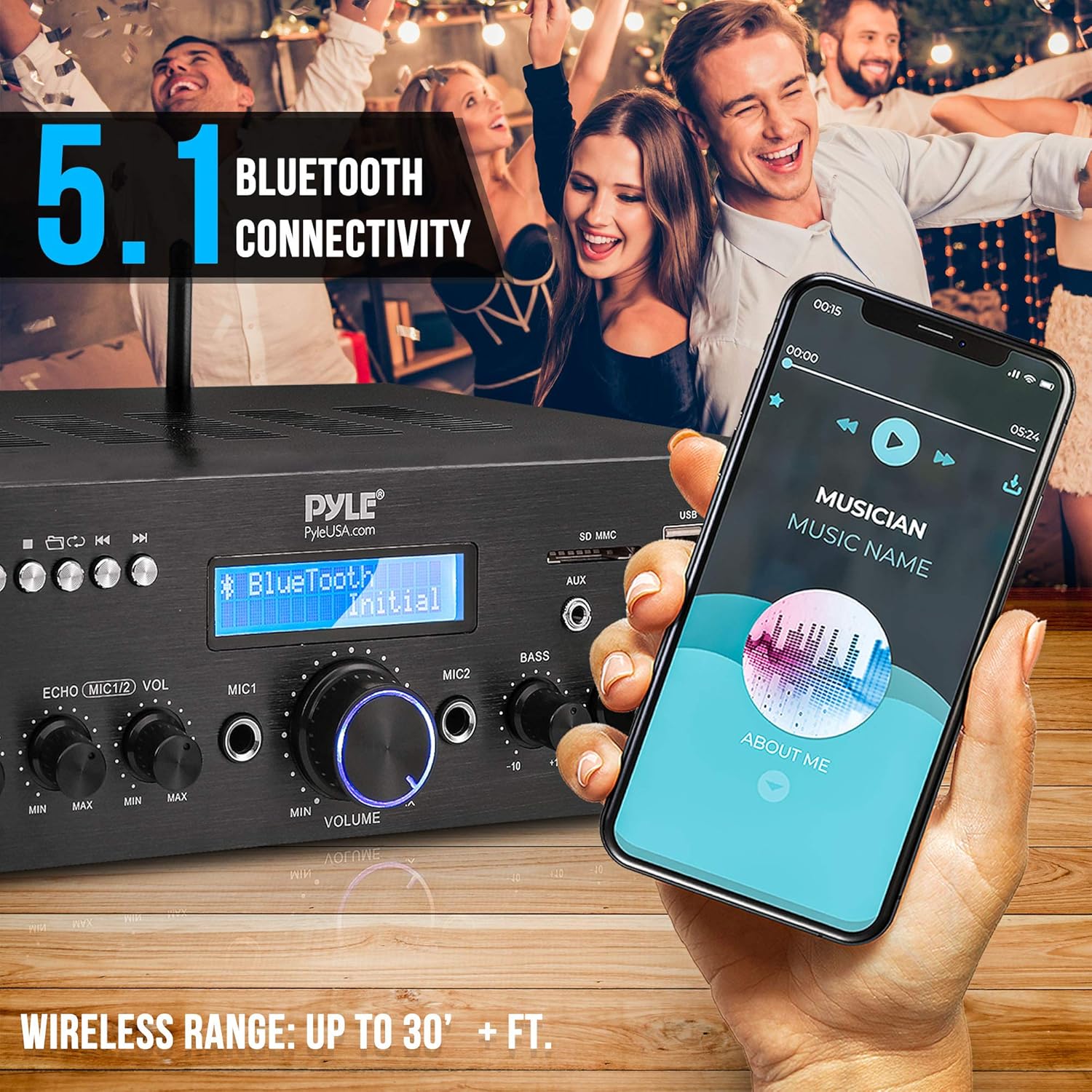 Pyle Wireless Microphone Power Amplifier System - 200W Dual Channel Sound Audio Stereo Karaoke Speaker Receiver w/USB, AUX, Microphone in w/Echo, Radio,Home Theater via RCA, Studio Use PDA8BUWM.5