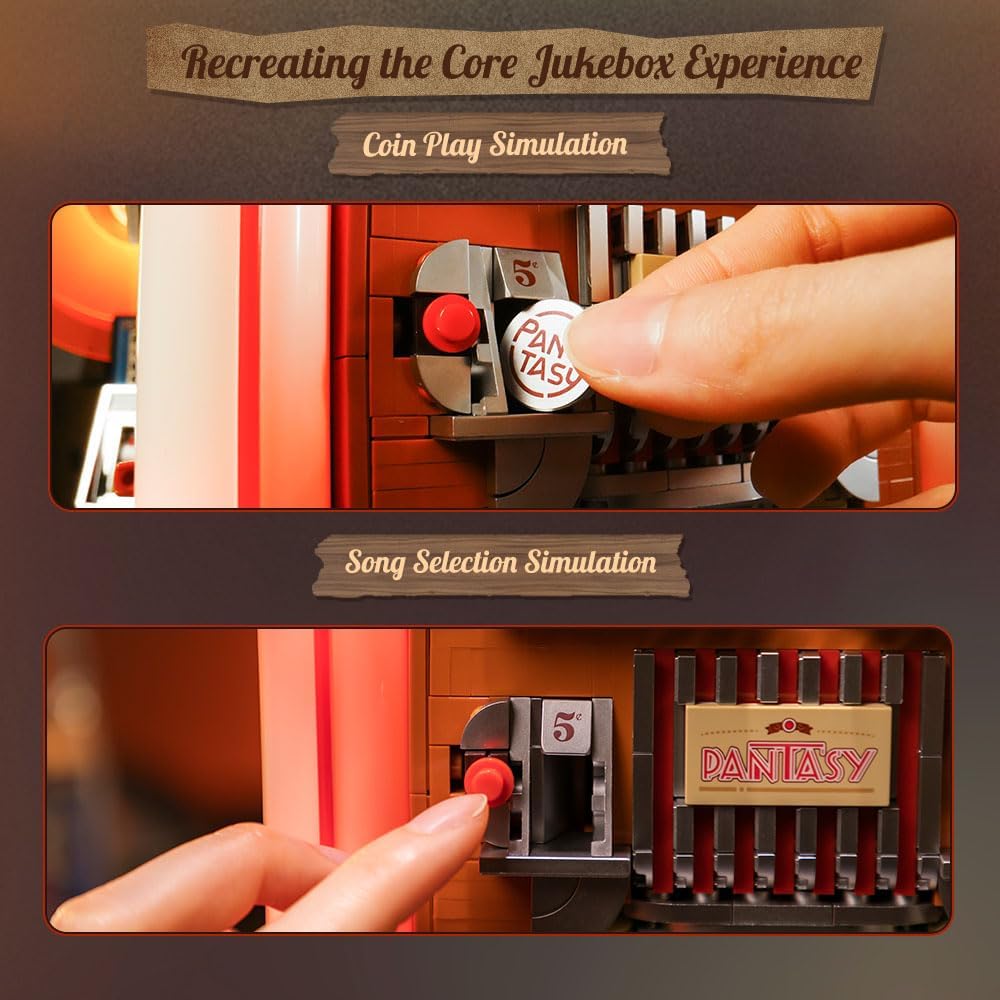 PANTASY Retro Jukebox Building Kit with Coin & Sound Function, Mechanical Music Box Model with Acrylic Records, Recording Studio & Minifigure, Collectible Construction Toy Gift for Adults and Teens