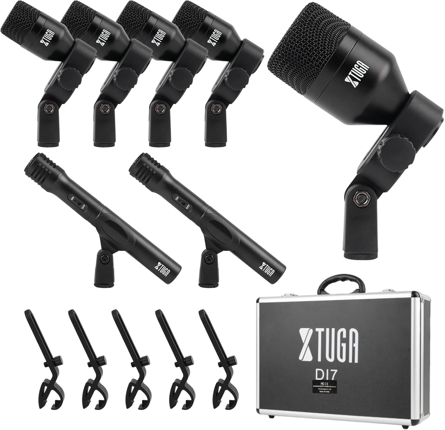 XTUGA New DI7 7 PCS Wireless Dynamic Drum Mic Kit Metal Kick Bass, Tom/Snare & Cymbals Microphone-Use for Drums, Vocal, Other Instrument with Thread Clip On Stage