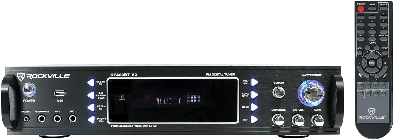 Rockville RPA60BT V2 1000 Watt 2-Channel Amplifier Mixer, Bluetooth, USB, Mic Inputs, EQ Controls, for DJs and Karaoke