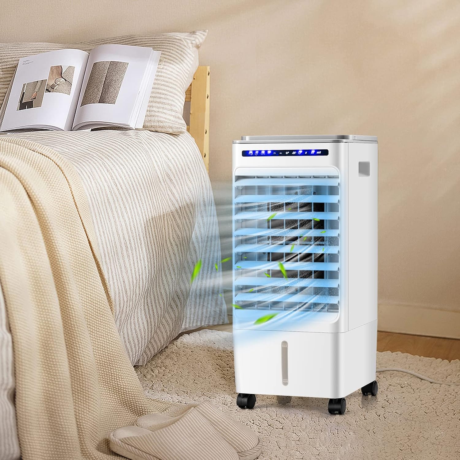 COSTWAY Evaporative Air Cooler, Portable Evaporator Cooler with Remote Control, 7H Timer, 3 Wind Speeds, 3 Modes, 4 Ice Boxes, Mini Air Conditioner for Bedroom Home Office Indoor Use White