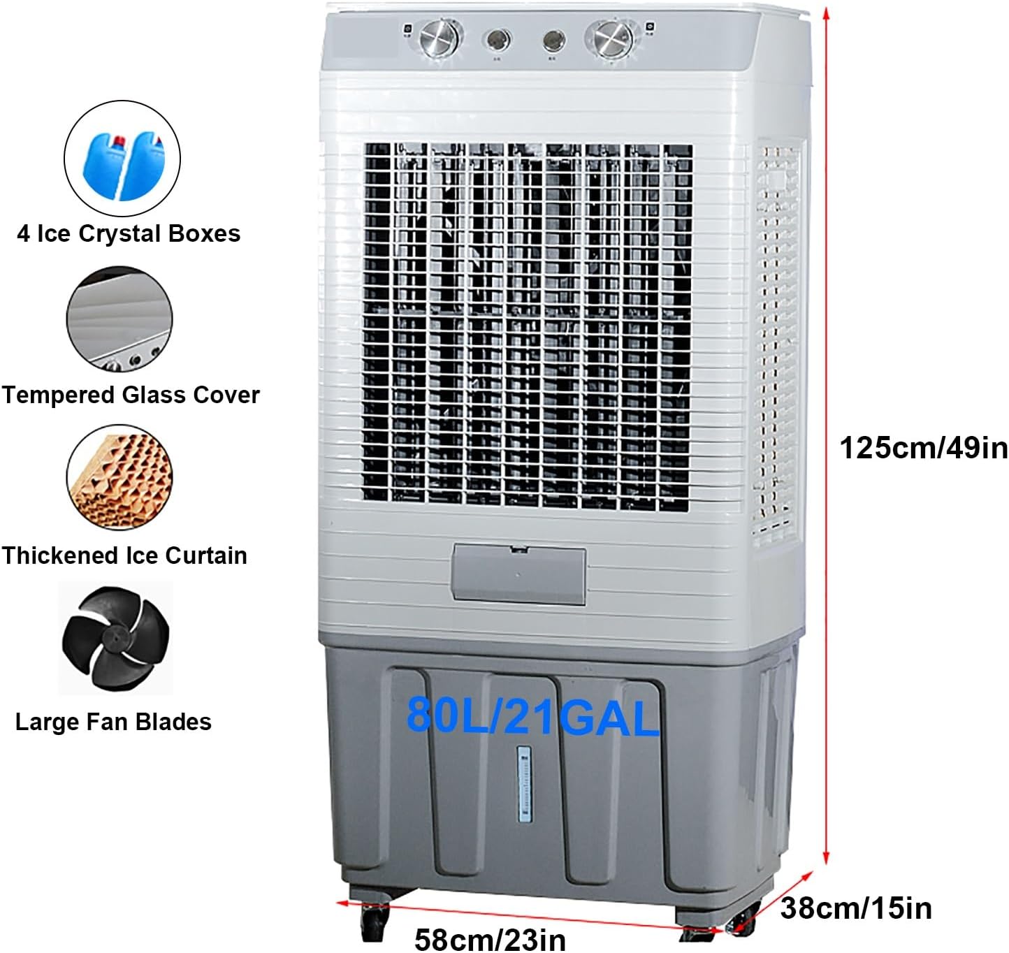 Evaporative Air Cooler, 3-in-1 Portable Air Conditioner, 21 Gal Swamp Cooler with 120° Oscillation, 4 Ice Pack, 3 Speeds Cooling Fan for Supermarket, Factory Floor