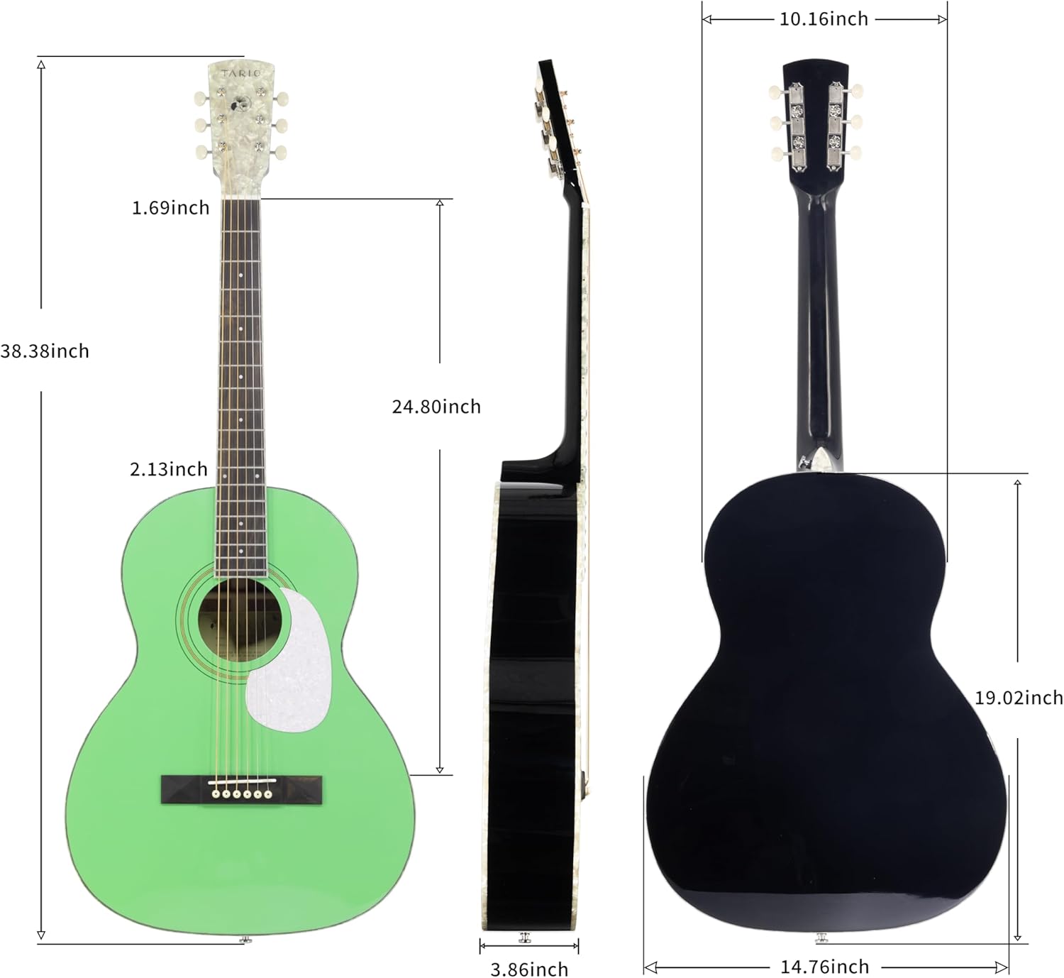 TARIO 38'' Acoustic Guitar parlor guitar Solid Spruce Top Mahogany Back and Sides Okoume Neck mint green