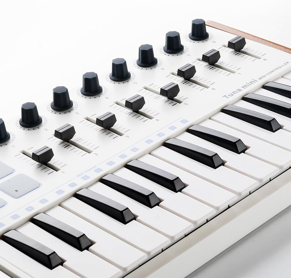 Vangoa Worlde MIDI Keyboard Controller 25 Key, Worlde Tuna Mini USB Portable Beat Maker Machine, Midi Keyboard with Drum Pads for Beginners, 8 Knobs, 8 Faders, Pedal Interface, White