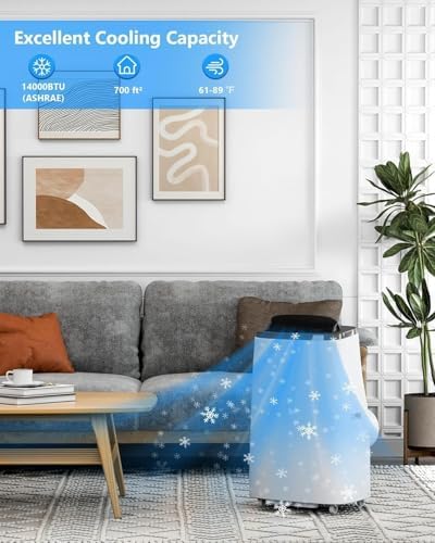 14,000 BTU Portable Air Conditioner, Portable AC Unit for Bedroom, Fast Cooling Quiet Air Conditioners Cools 750 Sq.Ft, 4 Modes & Window Kit, Sleep Mode, 24H Timer, Dark Grey Cover
