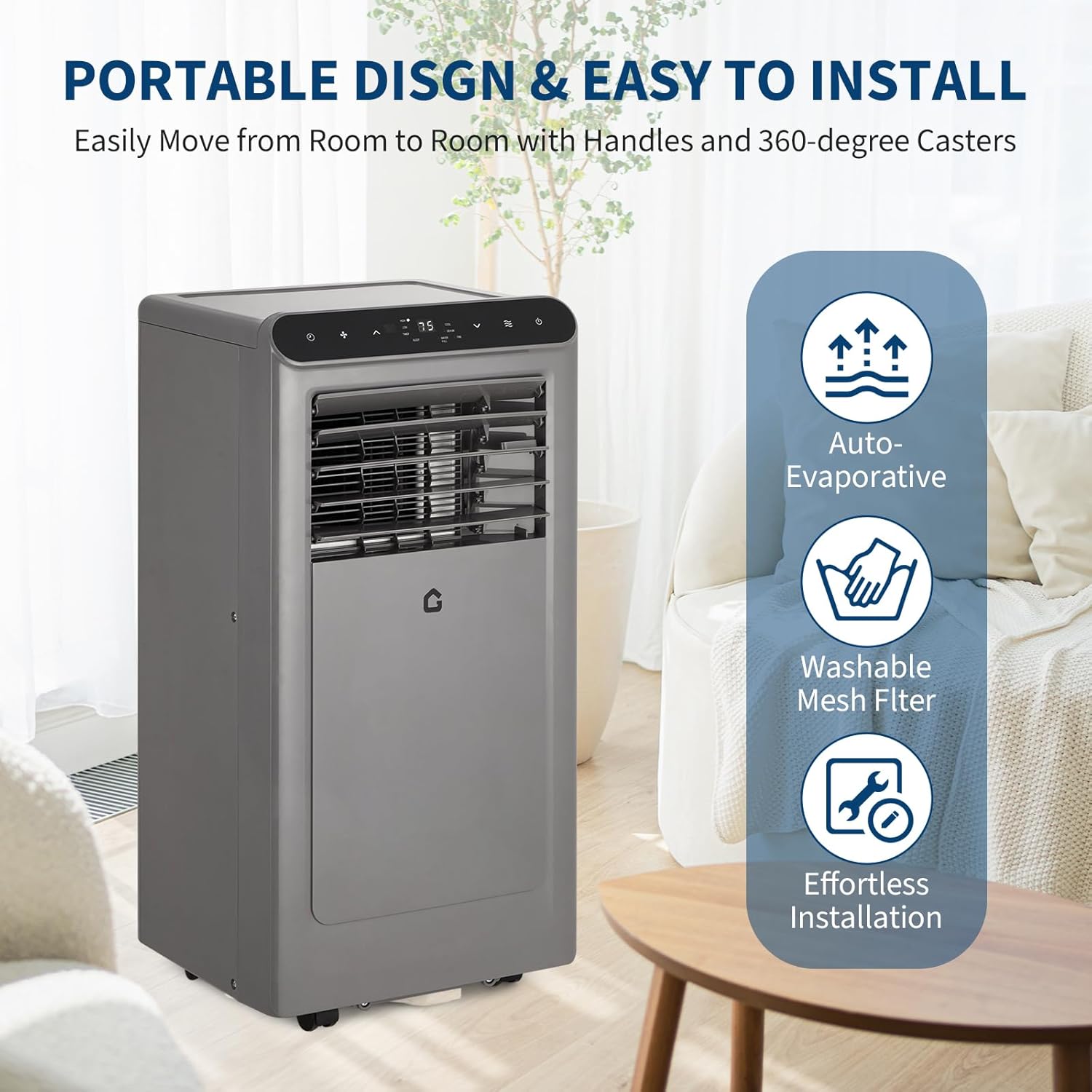 GAOMON 2025 New Deseign 8000 BTU Portable Air Conditioners Cool Up to 350 Sq.Ft,4 IN 1 Portable AC Unit w/Remote Control/LED Display/24Hrs Timer/Window Installation Kit & Low Noise for Home(Grey)