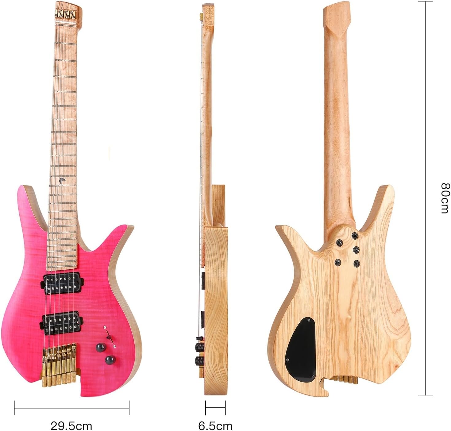 Headless Electric Guitar 7 String Fanned Fret Headless Electric Travel Guitar with 3-Way Converter 1 Volume 1 Tone Control