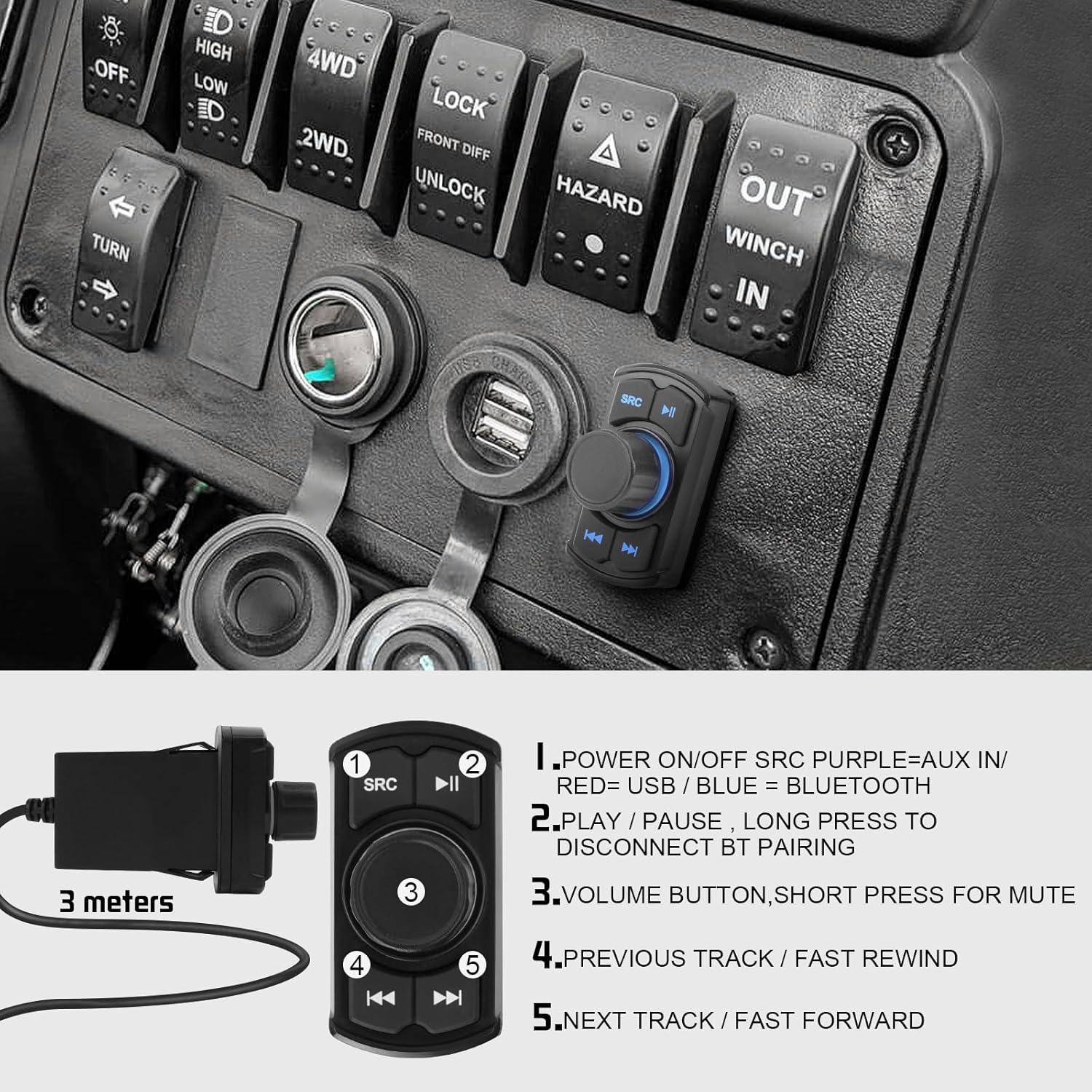 Marine Powersport Bluetooth Amplifier Audio System with 2pcs Black Speakers, Class D 60W x 4 CH, Switch Mount, Suitable for Motorcycle, UTV, ATV, Boat