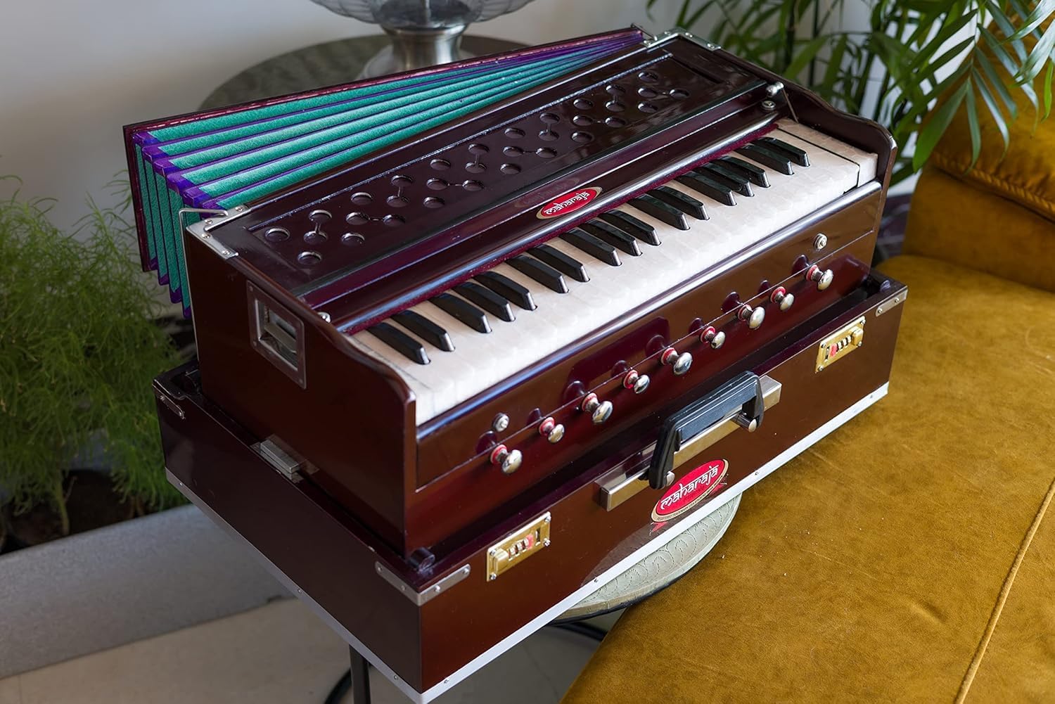 Maharaja Musicals, (Model 2025-26) Folding Harmonium Instrument, In USA, 9 Stops, Rosewood Color, Safri, 3 1/2 Octave, Coupler, Bag, Tuned To A440, Musical Instrument Indian-AHF