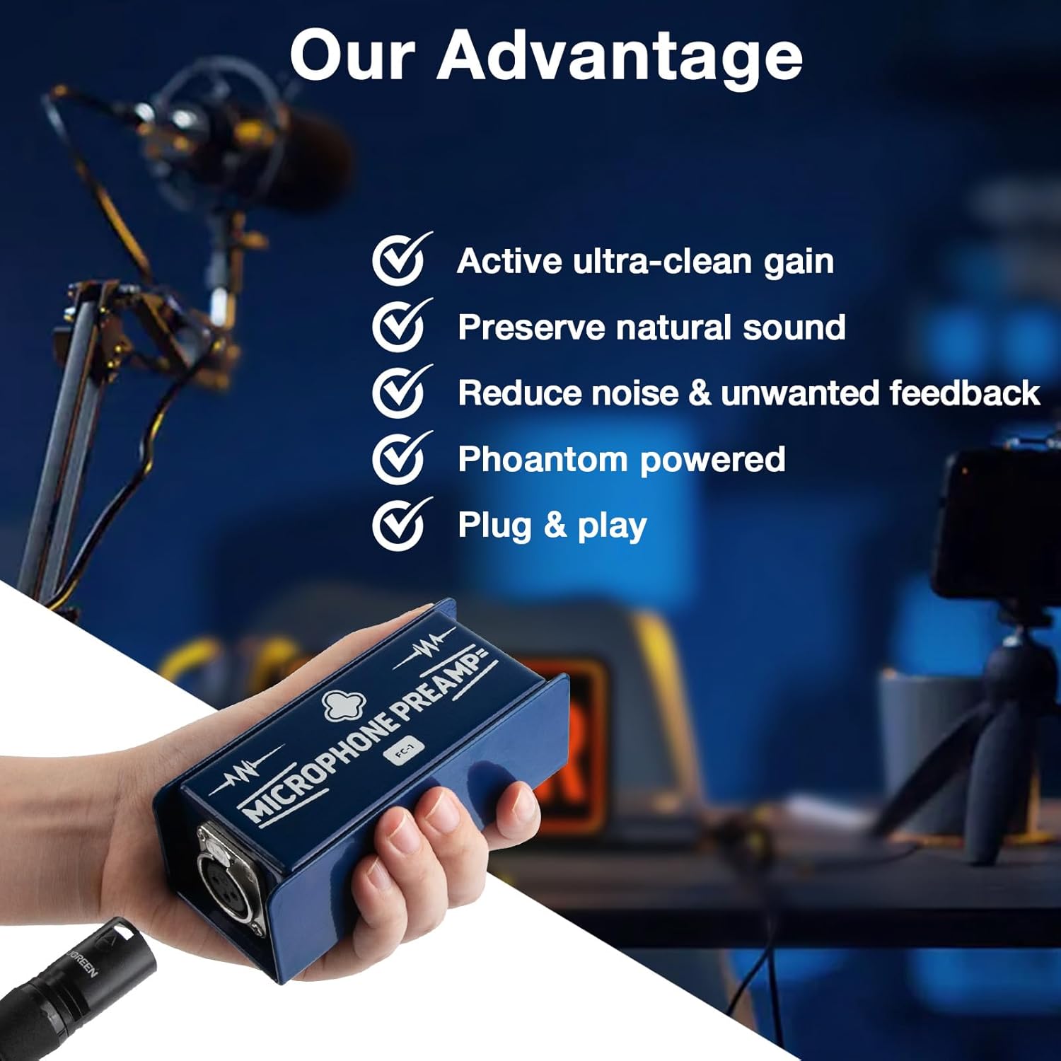 FC-1 Dynamic Mic Preamp Gain Booster | Ultra-Clean Gain Amplifier for Podcasting, Studio Recording & Live Sound | Compatible with Cloudlifter, Shure SM7B & Electro-Voice RE20