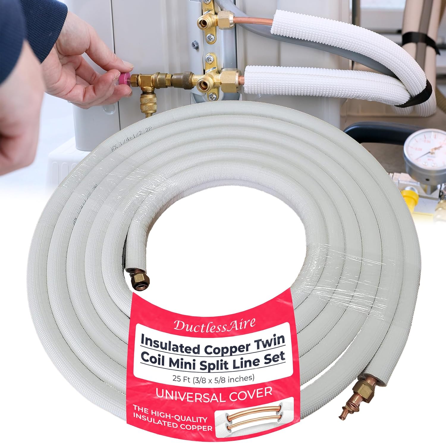 DuctlessAire Insulated Copper Twin Line Set for Ductless Mini Split Air Conditioner and Heat Pump System - Insulation Copper Pipe Coil Tubing for HVAC, AC & More - Universal Cover (25ft, 3/8 x 5/8 in)